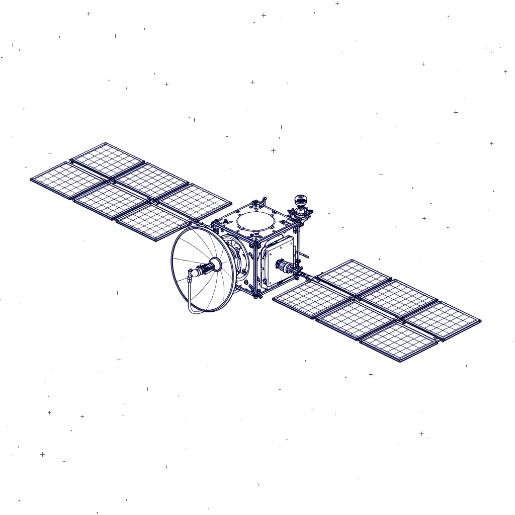 Wireframe satellite illustrating aerospace and defense radiation work