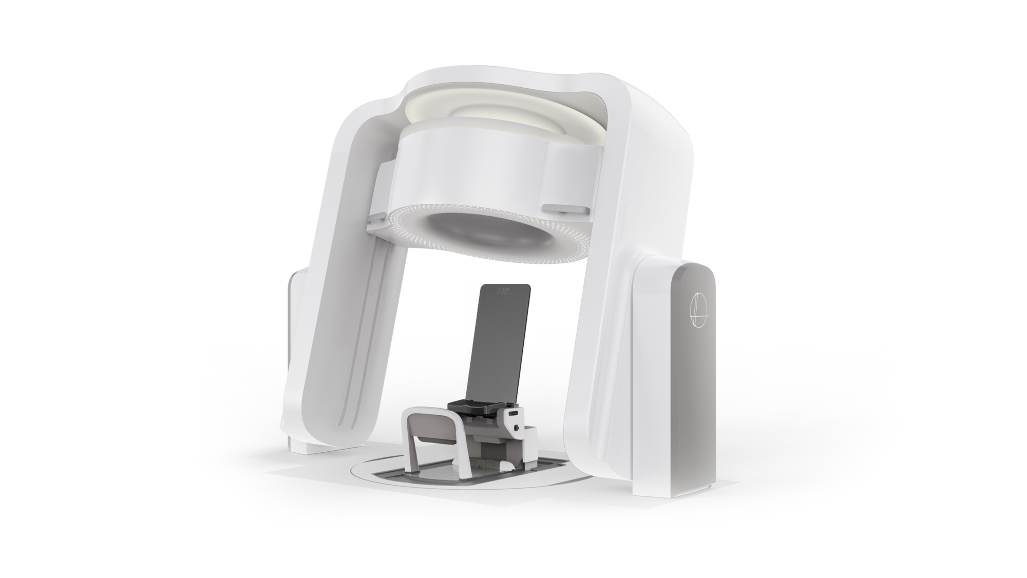 Leo Cancer Care's upright radiation therapy system, featuring an integrated imaging ring above a seated patient positioning chair.